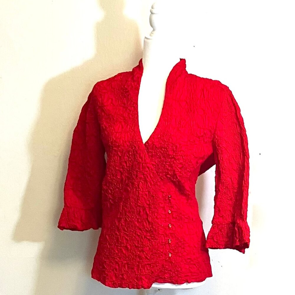 Scrunched Red Jacket With Flutter Sleeves, Asymet… - image 1